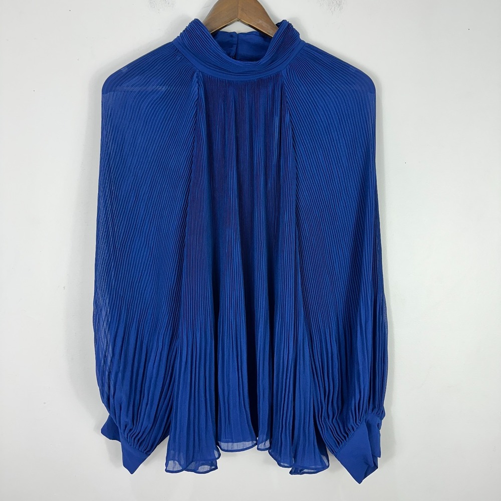 Banana Republic‎ XL Pleated Mock Neck Blouse Blue Sheer Flowing Romantic Career